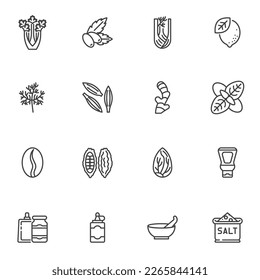 Condiment and spices line icons set, outline vector symbol collection, linear style pictogram pack. Signs, logo illustration. Set includes icons as salt, ginger, dill, mustard and ketchup, parsley