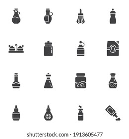 Juego de iconos vectoriales condimentos y especias, colección moderna de símbolos sólidos, paquete de pictogramas estilo relleno. Señales, ilustración del logotipo. El juego incluye iconos como botella de aceite de oliva, de azúcar, de ketchup, de mostaza