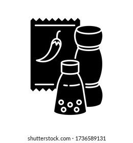 Condiments black glyph icon. Pepper in glass jar. Salt for cooking. Food recipe ingredient. Seasoning options. Red pepper in packet. Silhouette symbol on white space. Vector isolated illustration