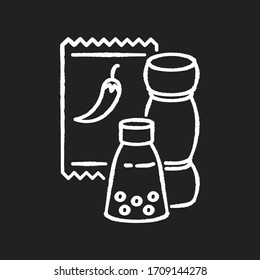 Condiments chalk white icon on black background. Pepper in glass jar. Salt for cooking. Food recipe ingredient. Seasoning options. Dressings for cooking. Isolated vector chalkboard illustration