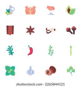 Condiments and herbs collection, flat icons set, Colorful symbols pack contains - cooking spices, cinnamon, parsley, anise, olive oil. Vector illustration. Flat style design