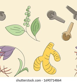 Condiments and herbs icons pattern. Cooking spices seamless background. Seamless pattern vector illustration
