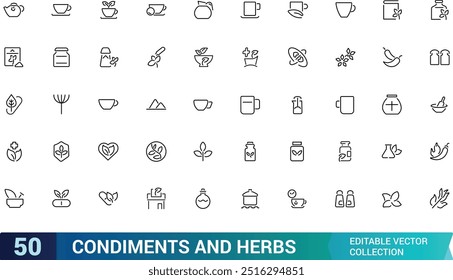 condiments and herbs icons set, Spices, minimal thin line web icon set. Minimalis line symble collections, ui icon set, Outline icons collection. Simple vector illustration.