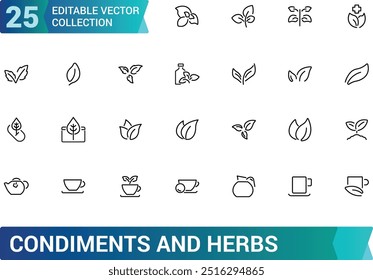 condimentos e ervas ícones definir, especiarias, mínima linha fina web ícone conjunto. Coleções de símbolos de linha mínimos, conjunto de ícones de interface do usuário, coleção de ícones de Estrutura de Tópicos. Ilustração de vetor simples.