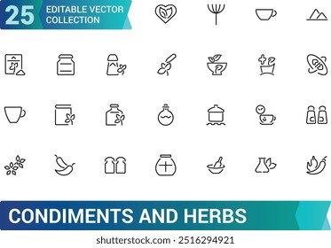 condiments and herbs icons set, Spices, minimal thin line web icon set. Minimalis line symble collections, ui icon set, Outline icons collection. Simple vector illustration.