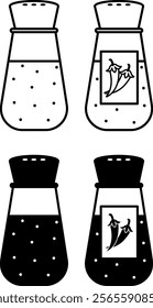 Condiments Icons. Black and White Vector Illustration. Glass Bottles with Salt and Pepper. Food, Seasoning. Fast Food Concept