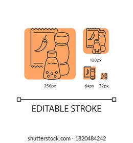 Condiments orange linear icons set. Pepper in jar. Salt for cooking. Food recipe ingredient. Thin line customizable 256, 128, 64 and 32 px vector illustrations. Contour symbols. Editable stroke