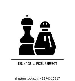 Condiments pixel perfect black glyph icon. Food seasoning. Salt and pepper. Flavour enhancement. Recipe ingredient. Silhouette symbol on white space. Solid pictogram. Vector isolated illustration