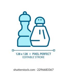 Condiments pixel perfect blue RGB color icon. Food seasoning. Salt and pepper. Flavour enhancement. Recipe ingredient. Isolated vector illustration. Simple filled line drawing. Editable stroke