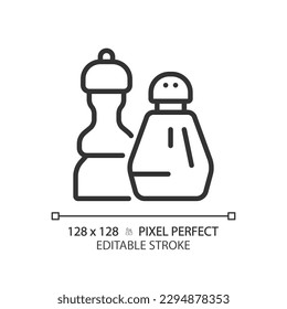 Condiments pixel perfect linear icon. Food seasoning. Salt and pepper. Flavour enhancement. Recipe ingredient. Thin line illustration. Contour symbol. Vector outline drawing. Editable stroke