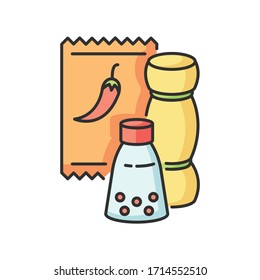 Condiments RGB color icon. Pepper in glass jar. Salt for cooking. Food recipe ingredient. Seasoning options. Dressings for cooking. Paprika spice. Red pepper in packet. Isolated vector illustration