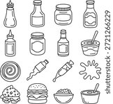 Condiments and sauces icon set. Containing ketchup bottles, mustard jars, mayonnaise, dipping sauce bowls, squeeze bottles, and food ingredients.