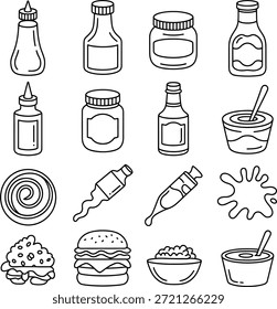 Conjunto de iconos de condimentos y salsas. Contiene botellas de ketchup, tarros de mostaza, mayonesa, tazones de salsa para mojar, botellas de compresión e ingredientes alimentarios.