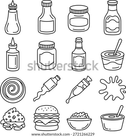 Condiments and sauces icon set. Containing ketchup bottles, mustard jars, mayonnaise, dipping sauce bowls, squeeze bottles, and food ingredients.