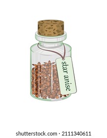 Condiciones y especias. Asteriscos y semillas de anís estrellado en una botella de vidrio con corcho y etiqueta. Imagen multicolor en un fondo blanco. Ilustración vectorial.