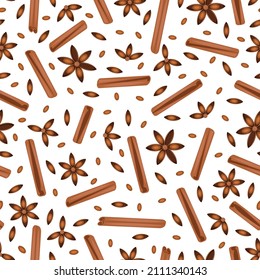Condiments and spices. Seamless pattern.Stars and star anise seeds, cinnamon sticks. Monochrome image. Without background. Vector illustration.
