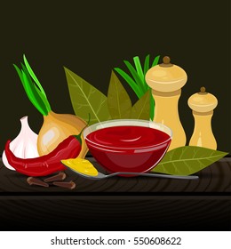 Condiments and spices vector illustration on the dark background. Spicy seasoning and flavoring vector illustration.