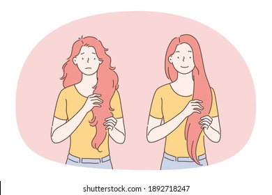 Condition of healthy hair concept. Young woman showing her red long hair before and after repairing treatment in salon concept. Brushing combing and professional procedures illustration 