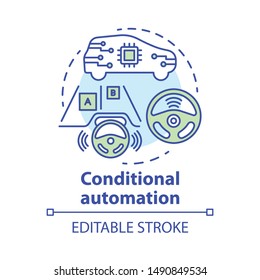 Conditional automation concept icon. Adaptive cruise control. Car with autonomous features. System for safe driving idea thin line illustration. Vector isolated outline drawing. Editable stroke
