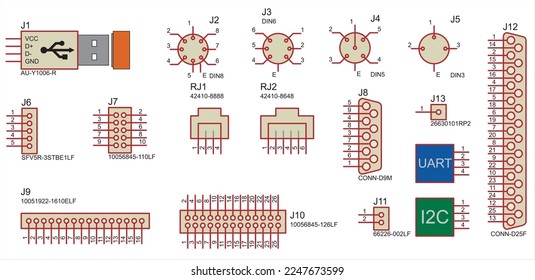 Conditional graphic designations of connectors: usb, com port,
uart, i2c, audio, rj, din socket.
Vector icons of electronic components of an electrical diagram.