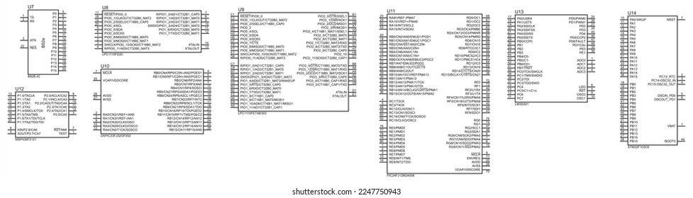 Conditional graphic designations of microcontroller chips.
Vector icons of electronic components of an electrical circuit.
