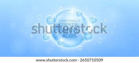 Conditionally essential amino acids for body. Amino acid in transparent hexagonal dome with surrounding Threonine Lysine Valine Isoleucine. For ad banner design supplement. Science medical. Vector.