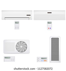 Conditioner air filter vent remote mockup set. Realistic illustration of 4 conditioner air filter vent remote vector mockups for web