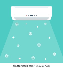 Conditioner cartoon. Flat icon home conditioner. Air conditioning and cold airflow with snowflakes. Vector illustration flat design. Isolated on white background.