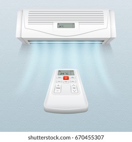Conditioner with fresh air streams. Climate control in home and office vector illustration. Air conditioner on wall, conditioning climate