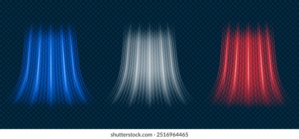 Conditioner with hot and cold fresh air. Red, blue and white wind air flow light effect, breeze cold and hot swirls isolated on black background. Vector set.