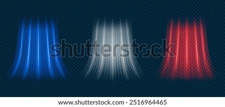 Conditioner with hot and cold fresh air. Red, blue and white wind air flow light effect, breeze cold and hot swirls isolated on black background. Vector set.