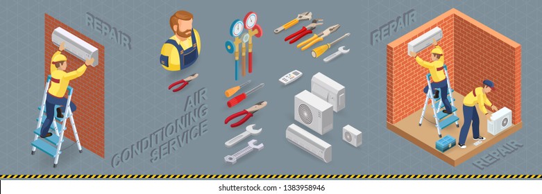 Conditioner service. Workers are installing a system of air conditioning. Home repair isometric template. The worker is standing on ladder and is attaching conditioner on a brick wall. Vector flat 3d.