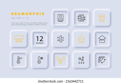 Conditioner set icon. Air conditioning, Air filtration, cold, heat, virus, fan, propeller, thermometer, etc. Fresh air concept. Neomorphism style. Vector line icon for Business and Advertising