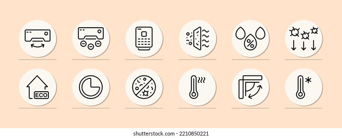 Conditioner set icon. Air conditioning, Air filtration, cold, heat, virus, fan, propeller, eco, water drop, thermometer, etc. Fresh air concept. Pastel color background. Vector line icon