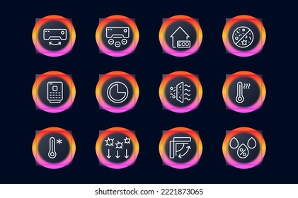 Conditioner set icon. Air conditioning, Air filtration, cold, heat, virus, fan, propeller, filter, air humidification, filtration, thermometer, etc. Fresh air concept. Glassmorphism style.