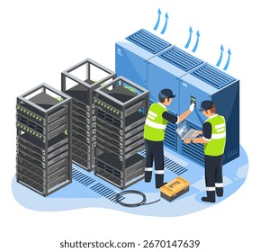 Acondicionador de temperatura Sistema de control de enfriamiento HVAC Aire en el centro de datos Sala de servidores Ingenieros Instalación Ilustración de concepto industrial aislado isométrico Azul