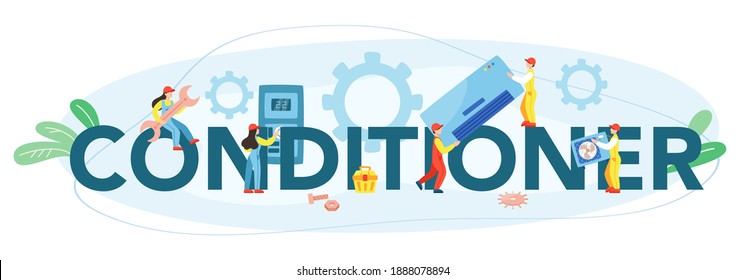 Conditioner typographic header. Repairman installing, examining and repairing conditioner with special tools and equipment. Isolated vector illustration