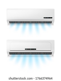 Conditioners, Realistic Air Conditioning Eqipment Vector Mockup. Working And Blowing Out Cold, Fresh Flows Through Vents, Cooling Room Air Conditioner Unit. AC Installing, Maintenance Service