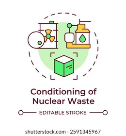 Conditioning of nuclear waste multi color concept icon. Prepare radioactive materials for safe long term storage. Round shape line illustration. Abstract idea. Graphic design. Easy to use in article