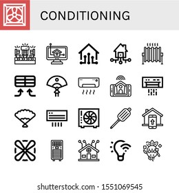 conditioning simple icons set. Contains such icons as Cooling system, Fans, Home control, Smart house, Heat, Air conditioner, Fan, Smart home, can be used for web, mobile and logo