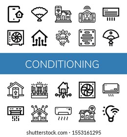 conditioning simple icons set. Contains such icons as Smart house, Fan, Smart home, Cool, Extractor, Air conditioning, Air conditioner, Fans, can be used for web, mobile and logo