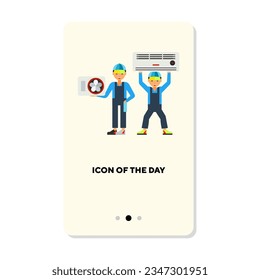 Icono vectorial plano del acondicionador de aire acondicionado. Trabajadores instalando la ilustración vectorial aislada del ventilador eléctrico. Aire acondicionado, concepto de ventilación para diseño web y aplicaciones