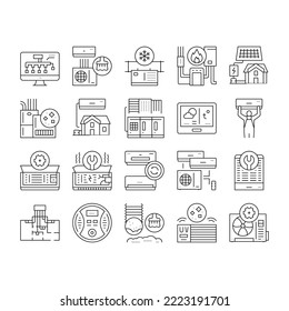Conditioning System Electronics Icons Set Vector. Conditioning System Repair And Purification Service, Maintenance And Filtration, Installation And Replacement Black Contour Illustrations