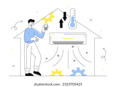 Conditioning system in home line concept. Man with air conditioning and cooling system in apartment. Comfort and cosiness in room in hot weather and summer season. Linear flat vector illustration