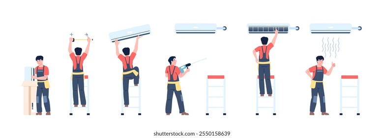 Serviço do sistema de condicionamento. Homem de uniforme trouxe e instalou ar condicionado. Trabalhador de reparo, técnico profissional de sistemas de resfriamento, cena vetorial recente