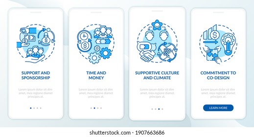 Conditions for co-design onboarding mobile app page screen with concepts. Support, supportive culture walkthrough 4 steps graphic instructions. UI vector template with RGB color illustrations