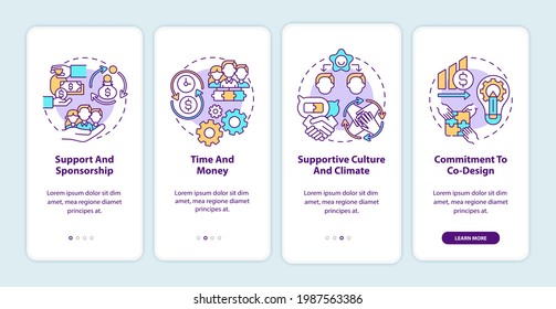 Conditions for co-design onboarding mobile app page screen with concepts. Sponsorship, supportive climate walkthrough 4 steps graphic instructions. UI vector template with RGB color illustrations