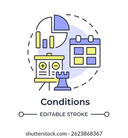 Ícone de conceito de várias cores das condições. Estratégia de negócios, planejamento. Estatísticas, análise. Ilustração de linha de forma redonda. Ideia abstrata. Design gráfico. Fácil de usar em publicidade, marketing