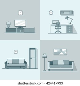 Condo accommodation living room cosy modern minimalism minimal interior indoor set. Linear stroke outline flat style vector icons. Monochrome TV set cabinet shelf stand sofa workplace icon collection.