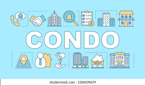 Condo word concepts banner. Apartment for rent, sale. Property investment. Real estate market presentation, website. Isolated lettering typography idea with linear icons. Vector outline illustration